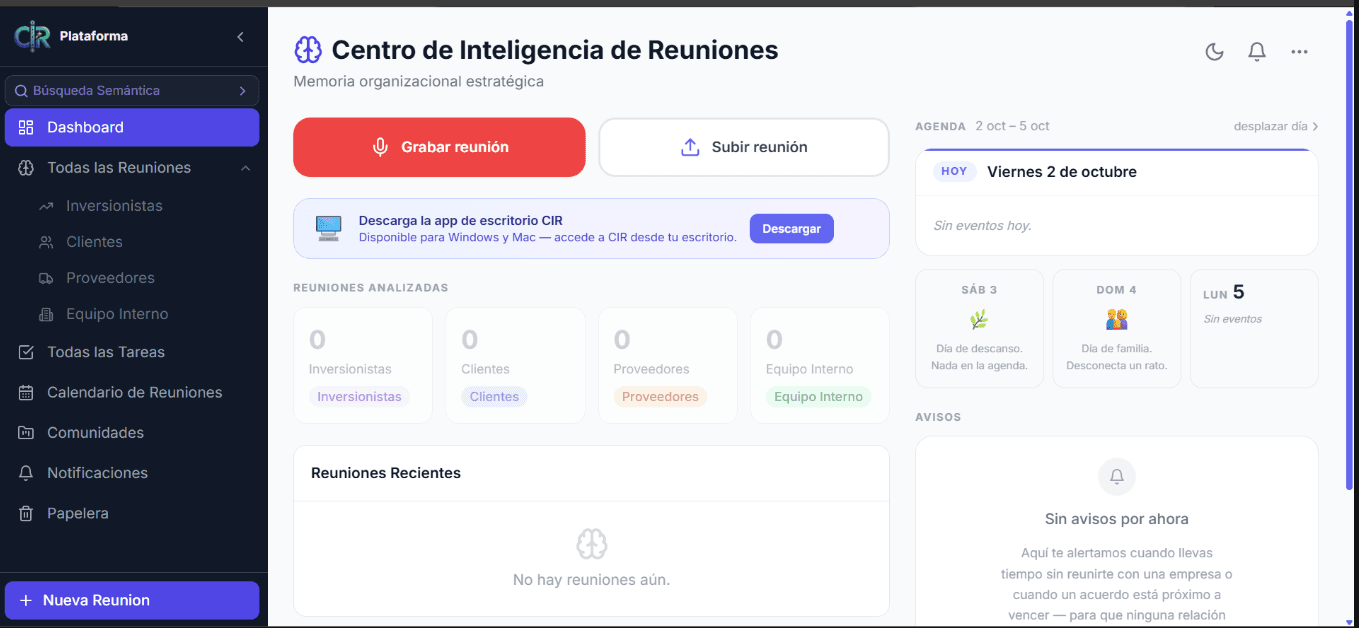 Dashboard de CIR: reuniones por categoría, agenda de la semana y avisos